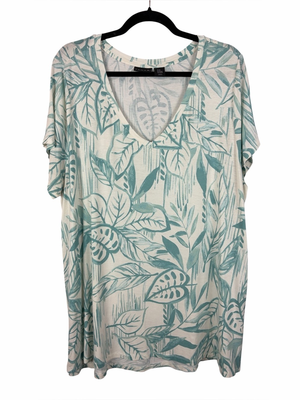 Tahari Tropical Leaf Print V-Neck Top 2X Mint Green Ivory Stretch Blouse